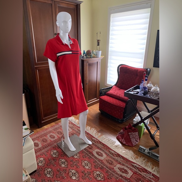 Tommy Hilfiger red cotton T-shirt dress at knee logo color blocks over chest - Picture 7 of 11